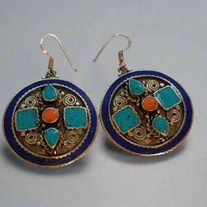 Vintage Round Southwestern Style Silver Tone Earrings